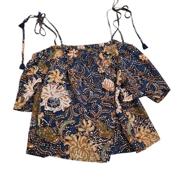 Madewell Top Women's Small Sea Floral 100% Silk Tassel Tie Off-Shoulder Blouse - Picture 7 of 7